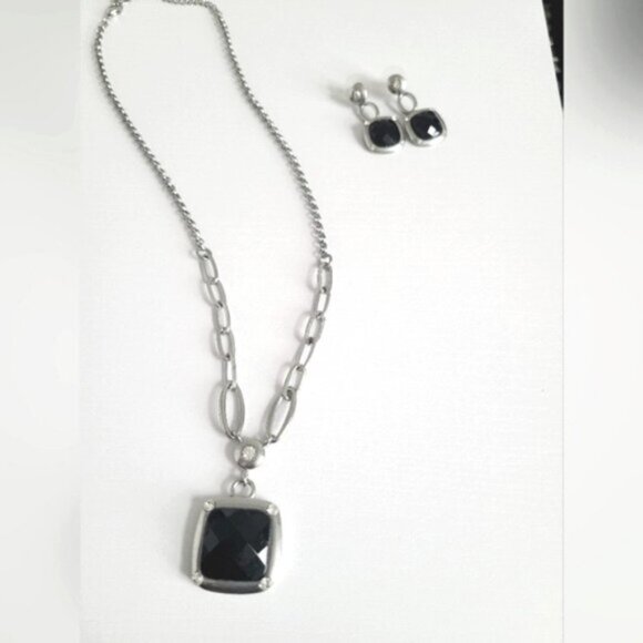 Vintage Matte Silver ToneChunky Black Onyx Faceted Crystal Y Necklace Earrings - Picture 1 of 9